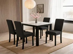 5 Piece Contemporary Dining Furniture, White Faux Marble Table, Plush Charcoal Upholstered Chairs with Sleek Black Legs,  Dining chair Set