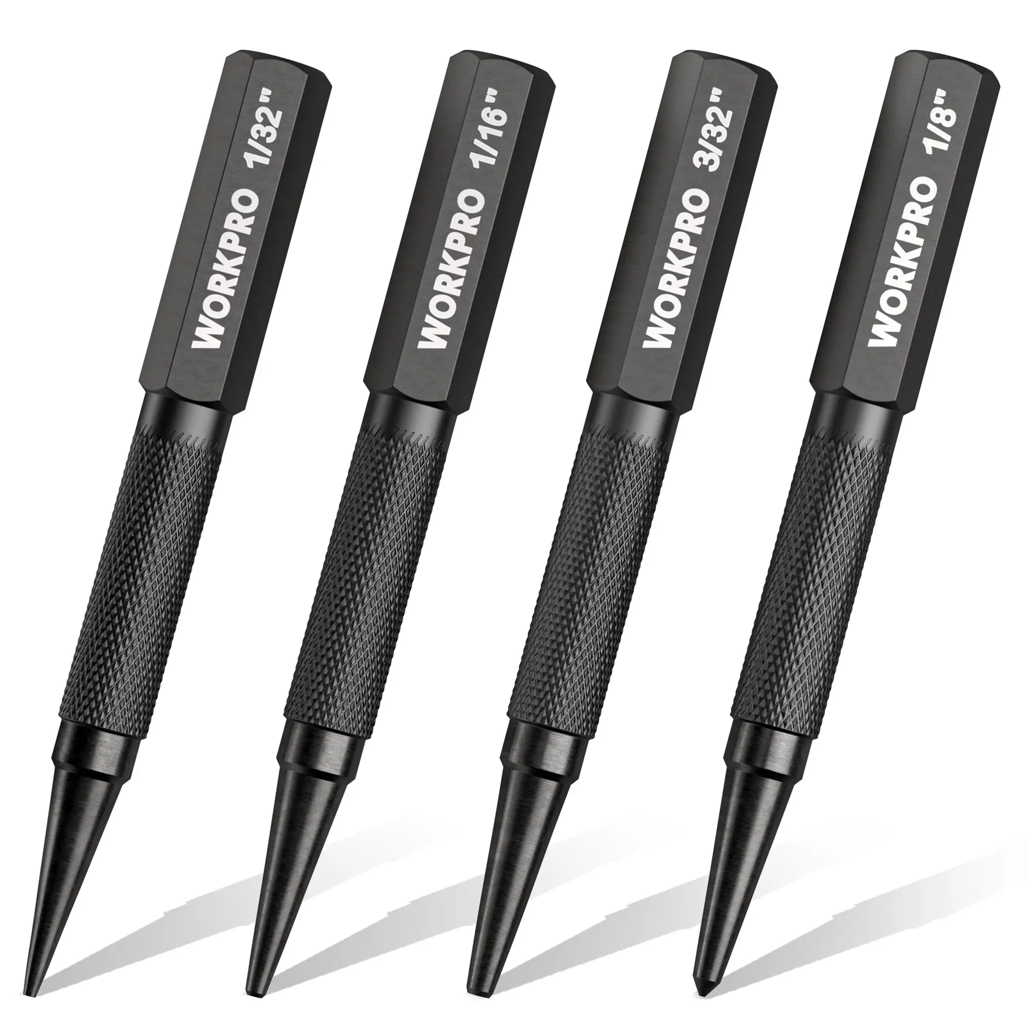 WORKPRO 4-Pack Nail Punch and Center Punch Set, Hardened Cr-V Steel with Knurled Grip,1/32", 1/16", 3/32" Nail Setter & 1/32" Center Punch Tool