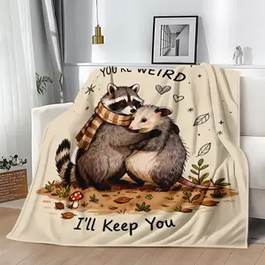 Raccoon Friends Flannel Throw Blanket - Cozy Raccoon And Possum  Design With Heart Patterns And "You’re Weird"" Ill Keep You" Message Perfect For Animal Lovers Gift Best Friend Present Soft Warm Home Decor
