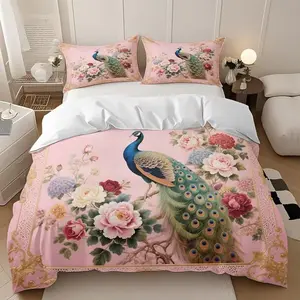 Vintage Peony Pheasant Print Bedding Set, 1 Duvet Cover + 2 Pillowcases, High-Definition Printing, Floral Bedding Set, Home & Dorm Room Bed Linen