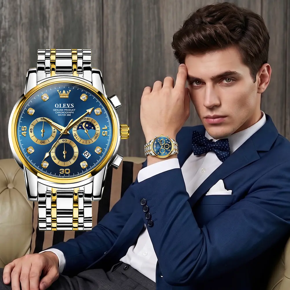 OLEVS Men's 42mm Case Waterproof Business Dress Quartz Watch with Calendar, Analog Display, Roman Numerals, Alkaline Batteries, 30M - 50M Water Resistance, 6 Months Service Life