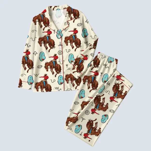 Women s Western Cowboy Cowgirl Horse Riding Pajama Set - Long Sleeve Comfort for Equestrian Style Satin Sleepwear