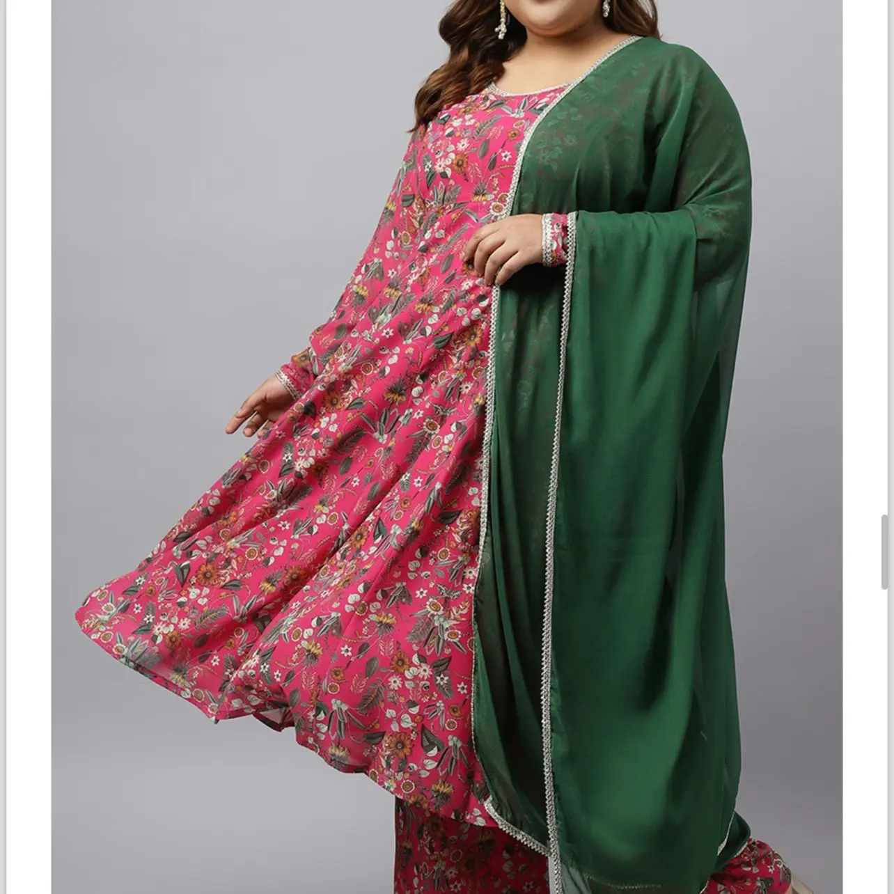 Plus size Pink Floral Georgette Anarkali kurta with Palazzo and Dupatta