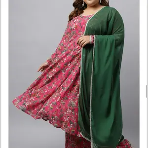 Plus size Pink Floral Georgette Anarkali kurta with Palazzo and Dupatta