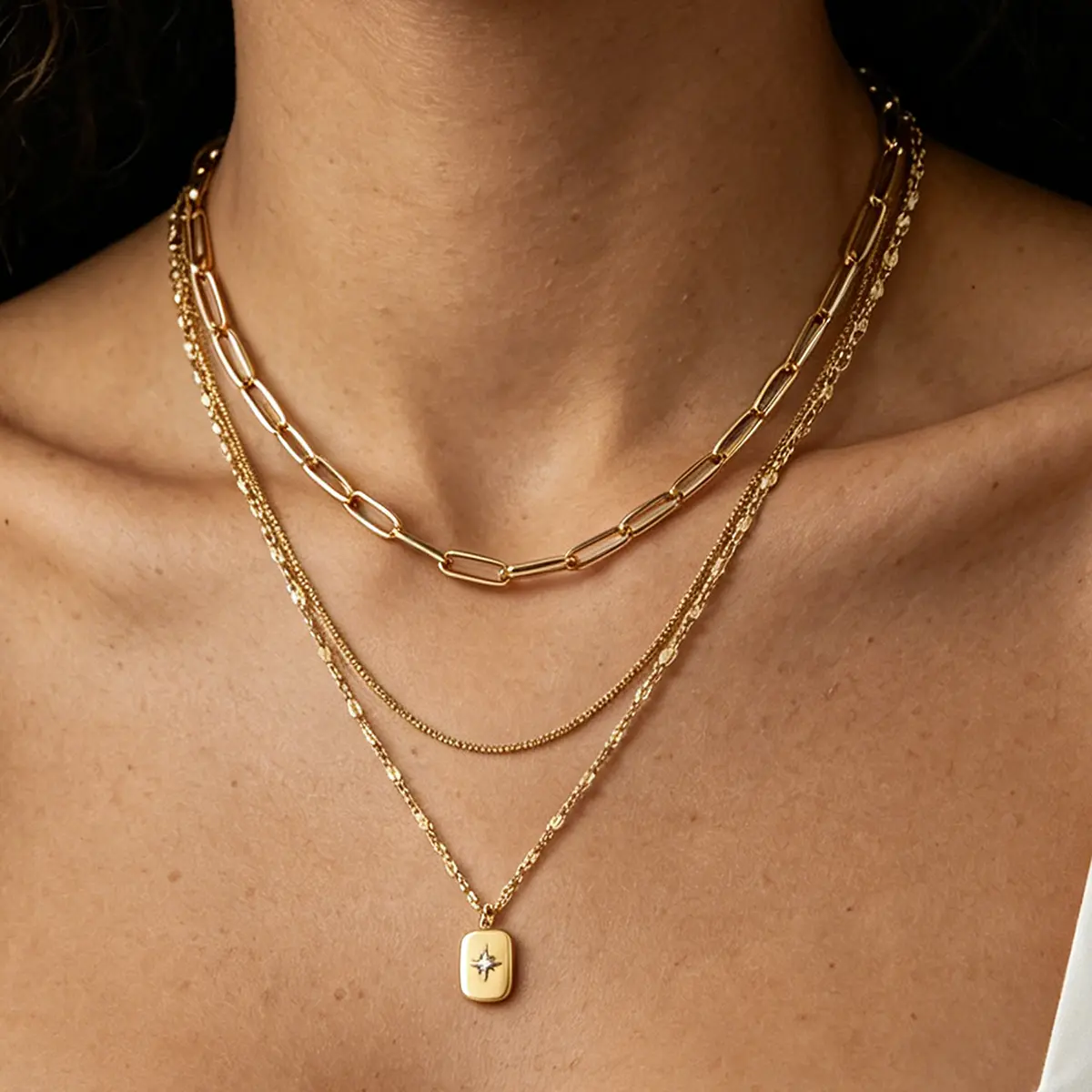 3 Pcs Layered Gold Necklaces for Women Trendy, 14K Gold Plated Choker Paperclip Box Chain Necklace, Stackable Women's Gold Pendant Necklaces Jewelry Set
