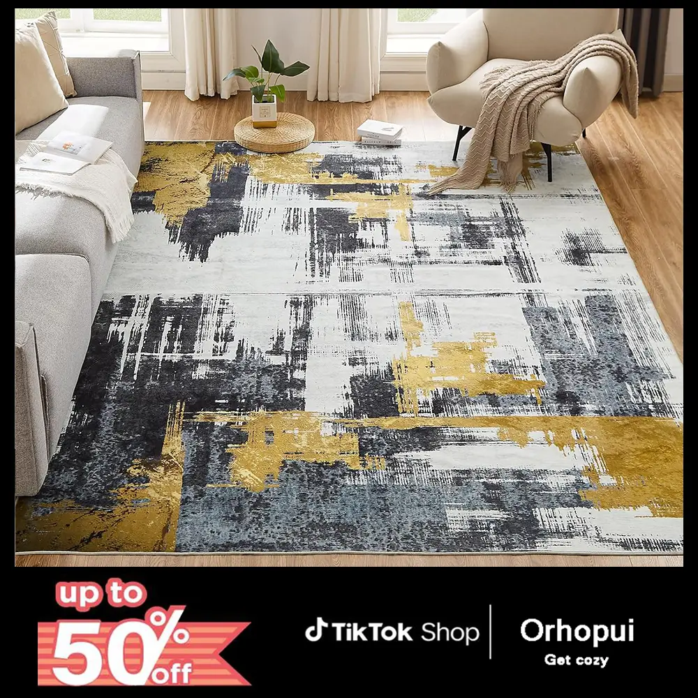 Orhopui Abstract Washable Rug - Machine Washable, Non-Slip, Soft Carpet for Living Room, Bedroom, Kitchen & Dining Room - Black Floral Design