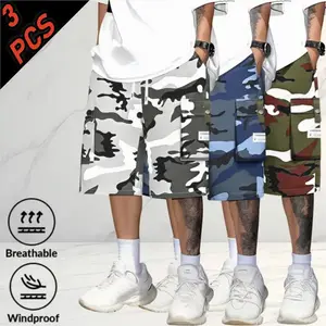 Men’s 3-pack summer camouflage cargo shorts, knee-length, multiple pockets, plus sizes, loose fit—versatile color-block casual shorts suitable for everyday wear and outdoor activities. tiktokshopspringglowup