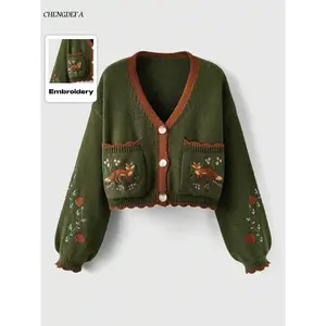 CHENGDEFA Women's V Neck Button Front Fox Embroidery Pocket Loose Knit Cardigan, Casual Short Sweater for Fall & Winter, Ladies Fashion Outerwear