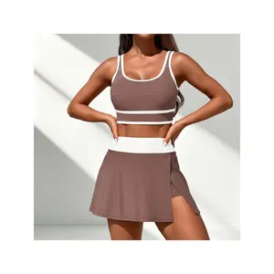 Women's Nude Brown White Color Block High-Waisted 2-Piece Tankini Swimsuit Set, 2026 Spring Glow Casual Women Swimsuit Set