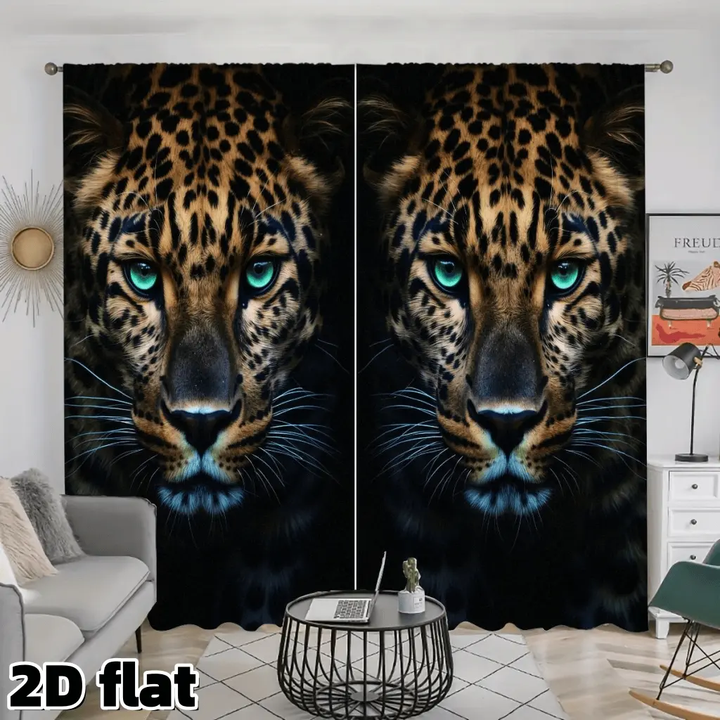 2D Flat 2Pcs Mysterious Leopard Print Curtains Turquoise Eyes Design Rod Pocket Semi Sunshade Polyester Panels Home Decoration Curtain Modern Wild Animal Pattern for Living Room Bedroom Window Treatment Decor Anti Privacy