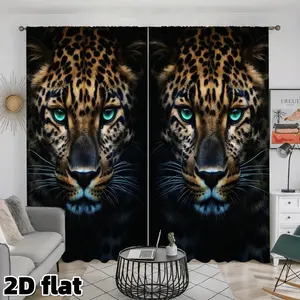 2D Flat 2Pcs Mysterious Leopard Print Curtains Turquoise Eyes Design Rod Pocket Semi Sunshade Polyester Panels Home Decoration Curtain Modern Wild Animal Pattern for Living Room Bedroom Window Treatment Decor Anti Privacy