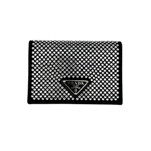Pre-owned PRADA Satin Small Leather Goods Flap Card Holder with Chain Crystal Embellished PR220