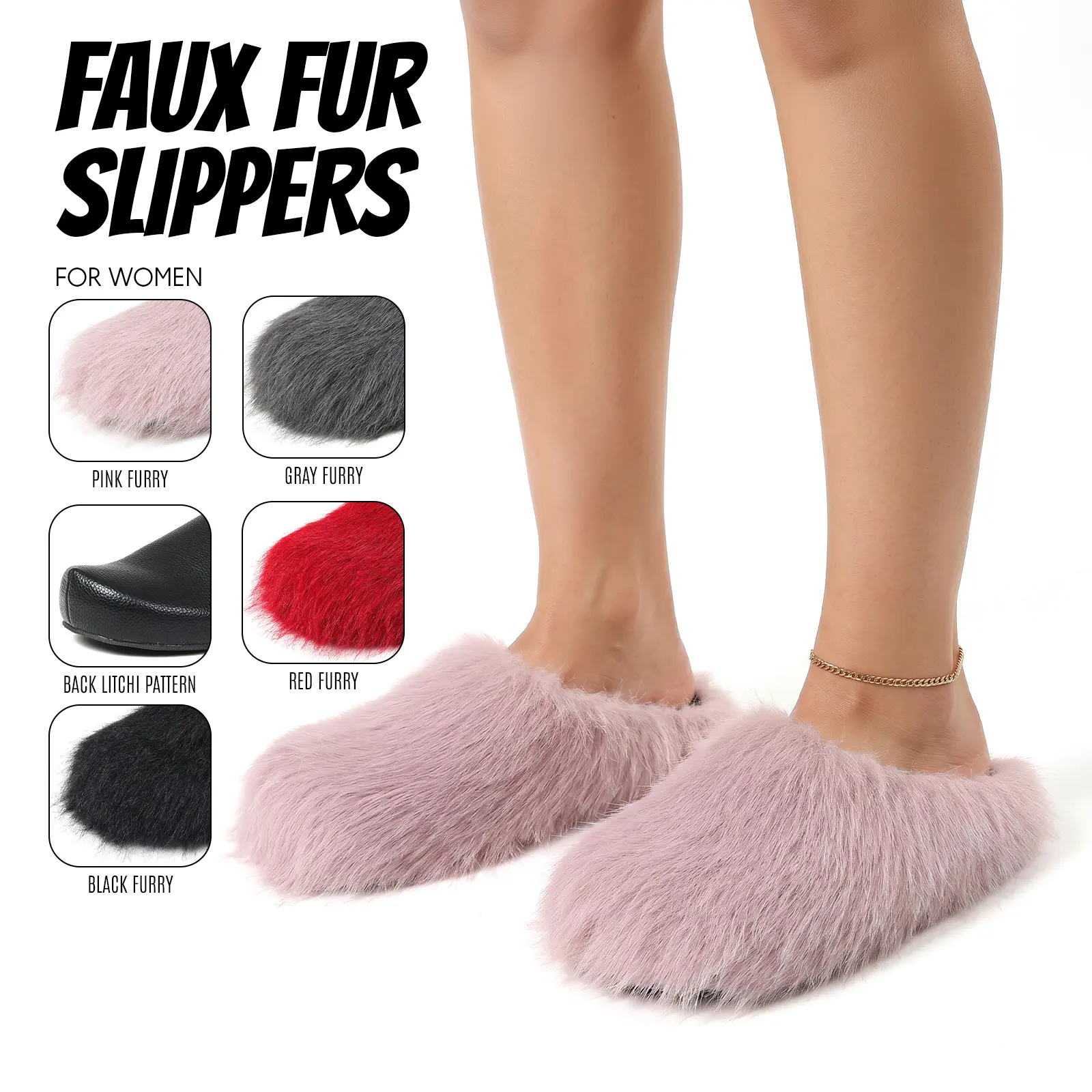 Faux Fur Slippers For Women Slip Round Toe Flat Heel Comfy Cozy Warm Plush Fuzzy Foam Party Indoor Outdoor House Fashion Slides