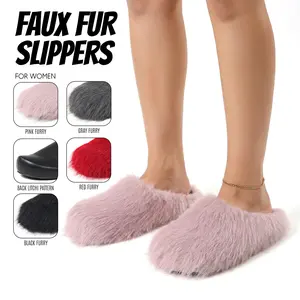 Womens Faux Fur Slippers Winter Slipper Closed Round Toe Flat Heel Comfy Cozy Warm Plush Fuzzy Memory Foam Christmas Party Indoor Outdoor House Fashion Slides