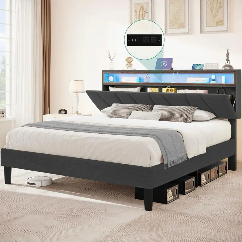 TAUS Queen Size Bed Frame LED Storage Upholstered Headboard w/Outlet & USB Ports