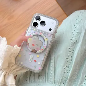 Korean Style Girly TPU Shockproof Protective Cellphone Case with Spring Wreath Magnetic Bracket, for iPhone 13-17 Pro Max, Tech Accessories for Device Protection