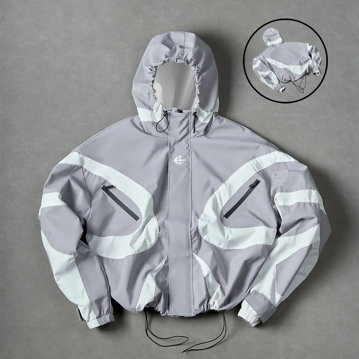 Men’s color-block hooded windbreaker jacket, techwear with zip pockets, windproof casual streetwear outdoor coat; color-block techwear hooded windbreaker Menswear Tops Geometric
