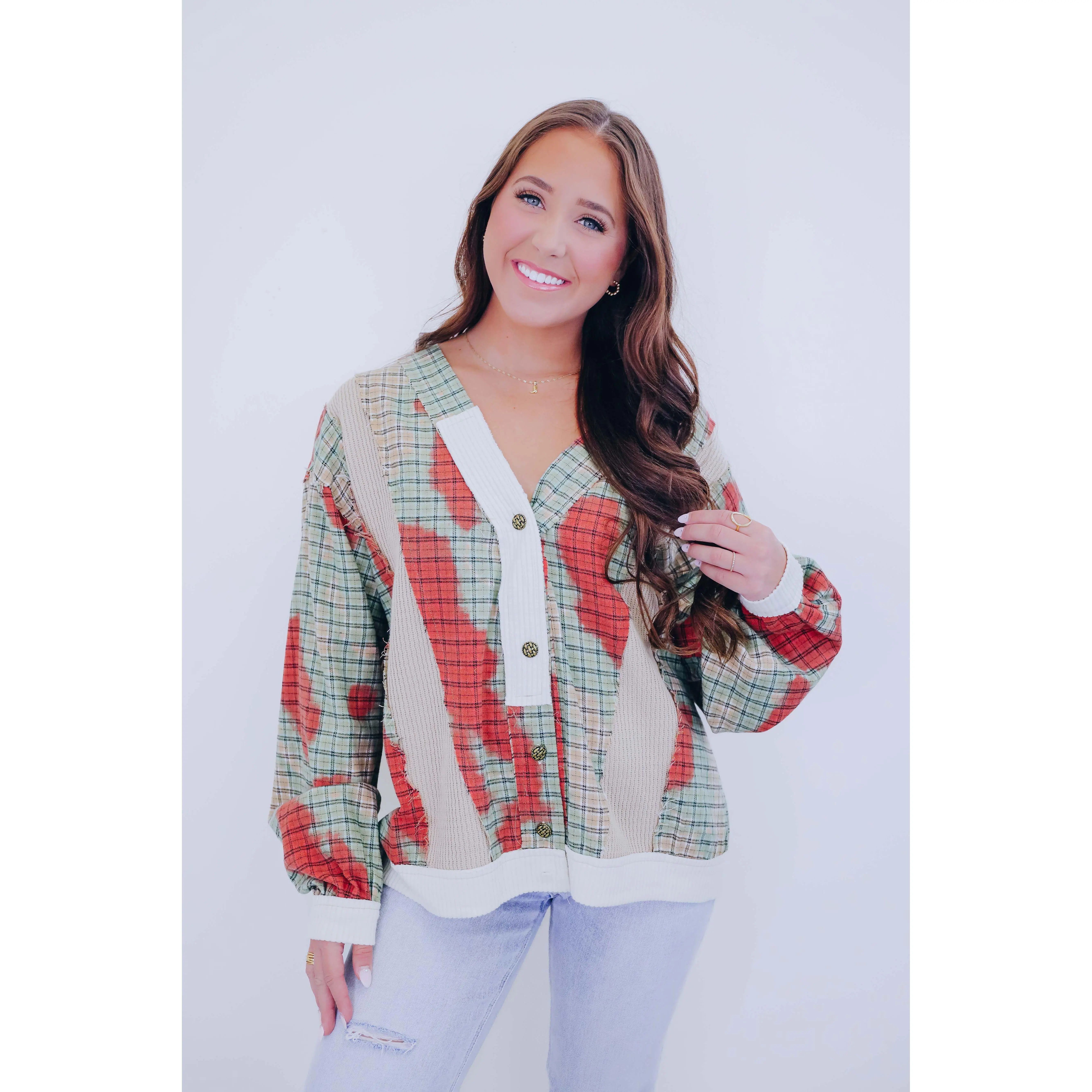 Women's Oversized Colorblock Cardigan in Mixed Plaid, Waffle Knit & Ribbed Cotton | Button-Down Style with Balloon Sleeves, Fabric, Knitwear, Outerwear, Colorful, Long Sleeve