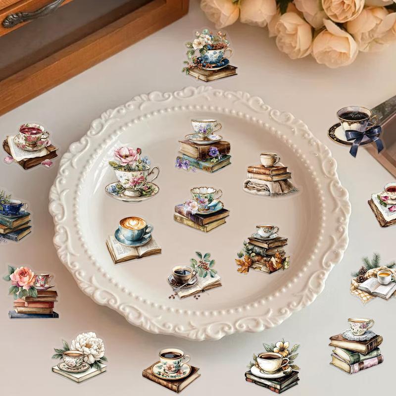 50pcs Retro Artistic Coffee Watercolor Tea Cup Old Book Floral Transparent PET Material Graffiti Stickers Suitable for Suitcases, Phone Cases, Laptops, Helmets, Skateboards Waterproof Decoration DIY Creative Stickers