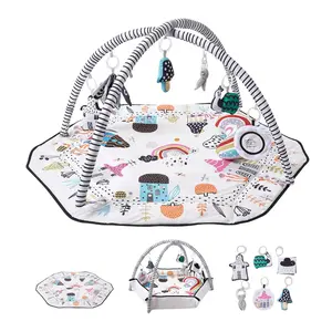 VEVOR Baby Play Gym Mat,  , Tummy Time Mat with 6 Detachable Sensory Toys, 41.7" x 41.7" Large-Sized Baby Newborn Activity Mat with Fold-up Sides & Soft Fabric for Sensory and Motor Skill Development