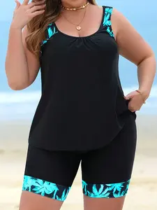 Women's Plus Size Casual Floral Print Two-Piece Slimming Swimsuit Set, Fitted Leaf Pattern, All Seasons, Comfortable Beachwear, Tankini Set Bathing