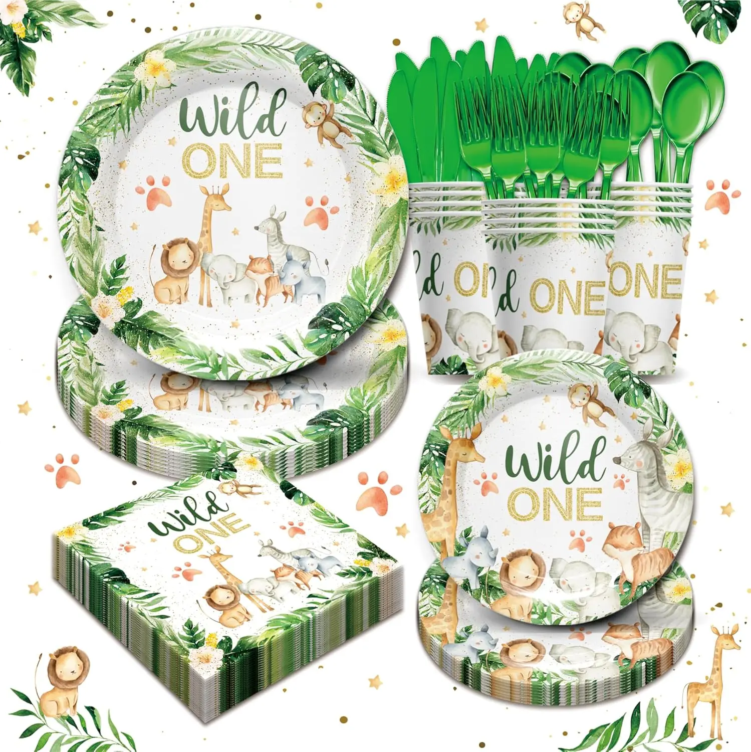 168Pcs Bulk Pack Jungle Animal Print Disposable Tableware Set - Serves 24, Happy Birthday & Baby Shower Supplies for Girls' 1st Party, Includes Plates, Napkins, Cups, Cutlery, Novelty Print Items