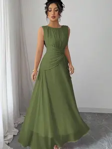 🌸 Elenzga Romantic Chiffon Maxi Dress With Drawstring Waist, Elegant Spring Summer Look.