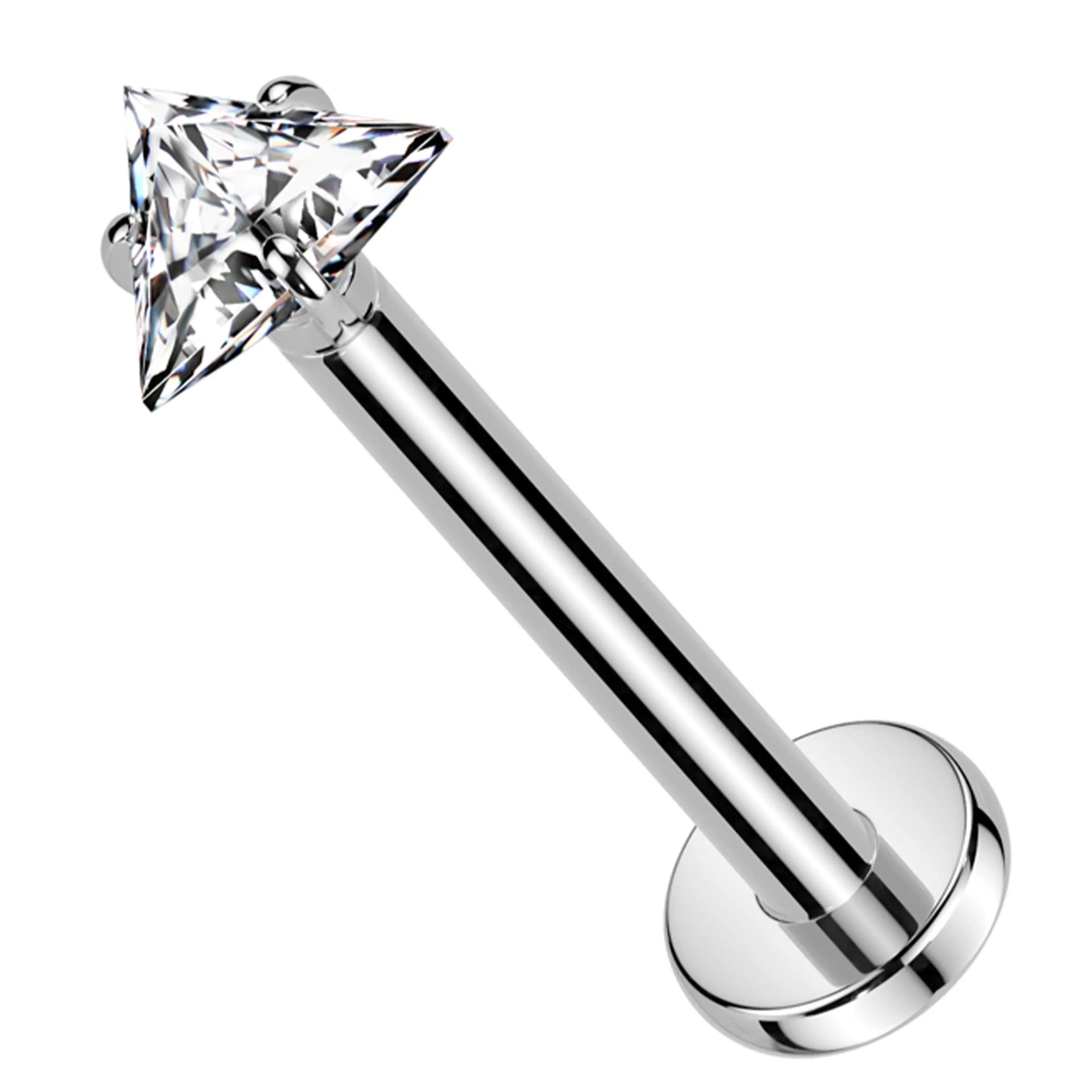 Triangle-Shaped Prong Set CZ Titanium Threadless Labret, 16g, Wearable Length 5/16" (8mm) for Tragus Piercings