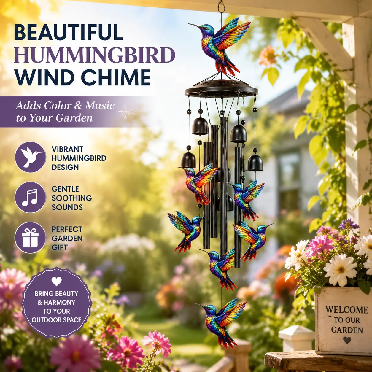 Outdoor hummingbird wind chimes, colorful rainbow metal wind chimes with bells, condolence memorial gifts for women, moms and grandma, wind chimes to commemorate the loss of a loved one, home decorations and pendants