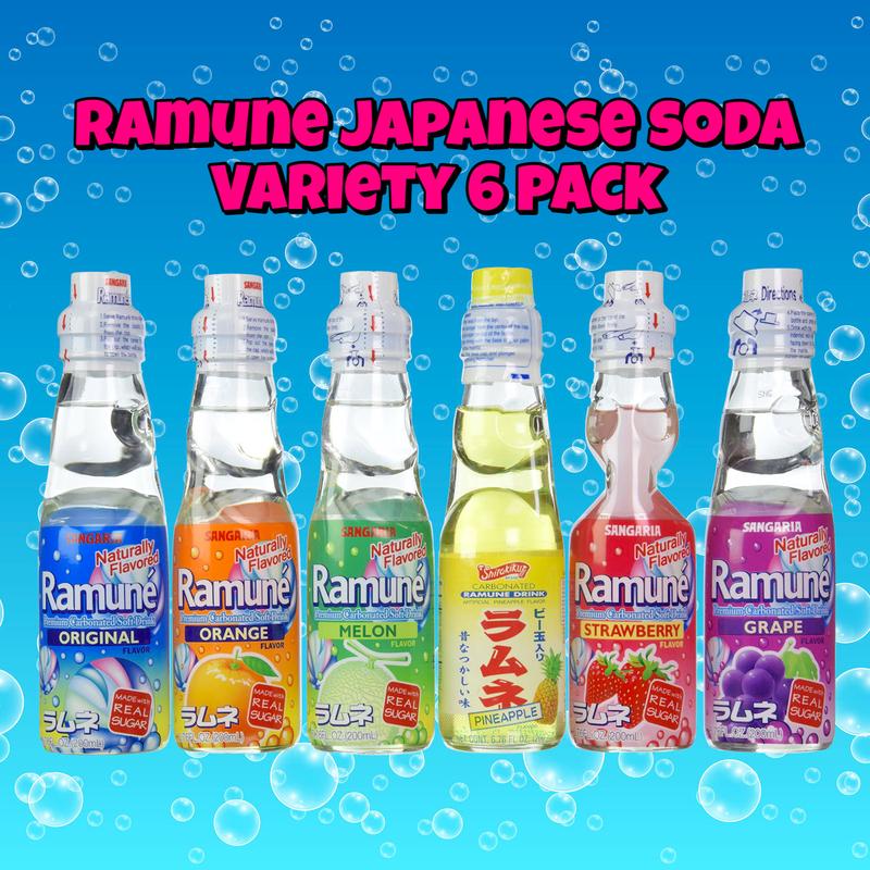 Ramune Japanese Soda Variety 6 Pack Lemon Beverage Strawberry