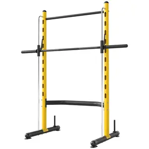 Yellow multifunctional squat rack equipped with pull up bar and adjustable height suitable for full body strength training in home gym