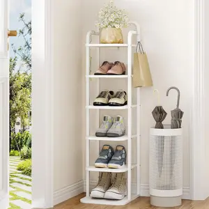 6 Tiers Vertical Shoe Rack, Narrow Shoe Tower, Tall Shoes Shelf with 2 Hooks, Adjustable Shelves, Corner Shoes Shelves for Small Spaces, Entryway, Living Room, White SR04213W