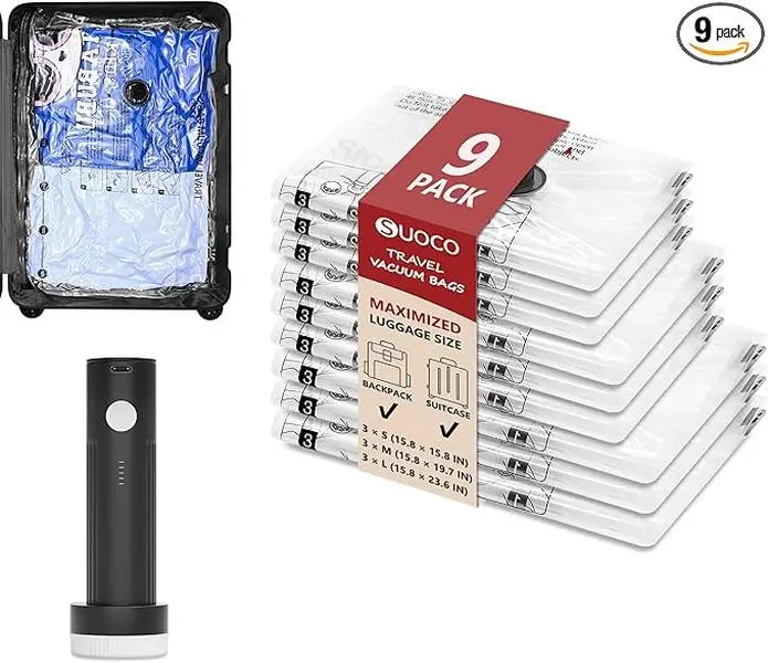SUOCO Travel Vacuum Seal Bags with Rechargeable Electric Pump & Compression Packing Cubes  Airtight, Re-sealable Set Travel Organizers for Luggage Space-Saving Solutions, Vacuum Bags For Travel
