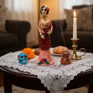 Artisan Handmade 10" Mexican Catrina Figurine - Glow in the Dark with Coral Pink Dress & Decorated Mexican Vase | Día de los Muertos Collectible
