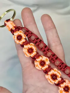 Handmade Macrame Keychain - Autumn Harvest with Orange Flowers & Burgundy Cord