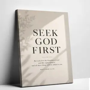 Minimalist Christian Canvas Wall Art, “Seek God First” Bible Verse Poster, Neutral Faith Wall Decor for Living Room Bedroom Prayer Room