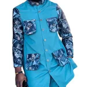 Nour Tissue Cotton Suits Set - Top and Pant with Unique Blue Patterned Sleeves and Front Pockets