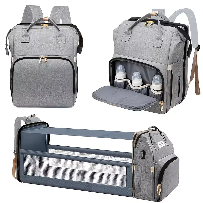 Multifunctional Diaper Backpack - Oxford Cloth Expandable Diaperbag with Foldable Changing Station, Waterproof Large-Capacity Modern Organized Carry Baby Travel Bag for Parents, Insulated Bottle Holders, USB Charging Port, Laptop Pocket, Stroller Straps