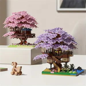 4-Pack Sakura Tree Building Blocks, Miniature Plant House Toys, Abs Resin Material, Perfect for Thanksgiving Christmas Easter Gifts