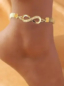 Luxury diamond-encrusted figure-eight infinity anklet, vintage alloy, versatile and elegant foot charm.
