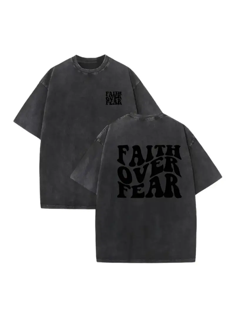 Vintage Washed Dark Grey Double Sided Faith Over Fear Bubble Letter Graphic T Shirt, Retro Christian Faith Oversized Tee, Y2K Religious Streetwear Short Sleeve For Believers Unisex Relaxed Fit Soft Menswear