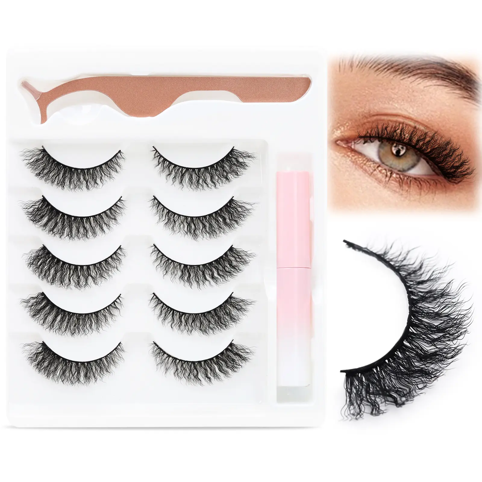 EMEDA Natural False Eyelashes Curl False Lashes 3D Wispy Wavy Lashes Look Like Extensions for Beginners Daily 5 Pairs Pack with Glue(W14 6-12mm)