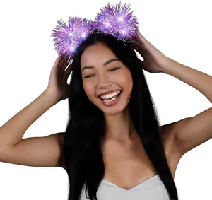 FlashingBlinkyLights Still-Light Sparkle Iridescent Pom Ears Light Up Party Headband with Comfy Black Headband Tinsel Ears & Bright LED Lights for Raves Festivals