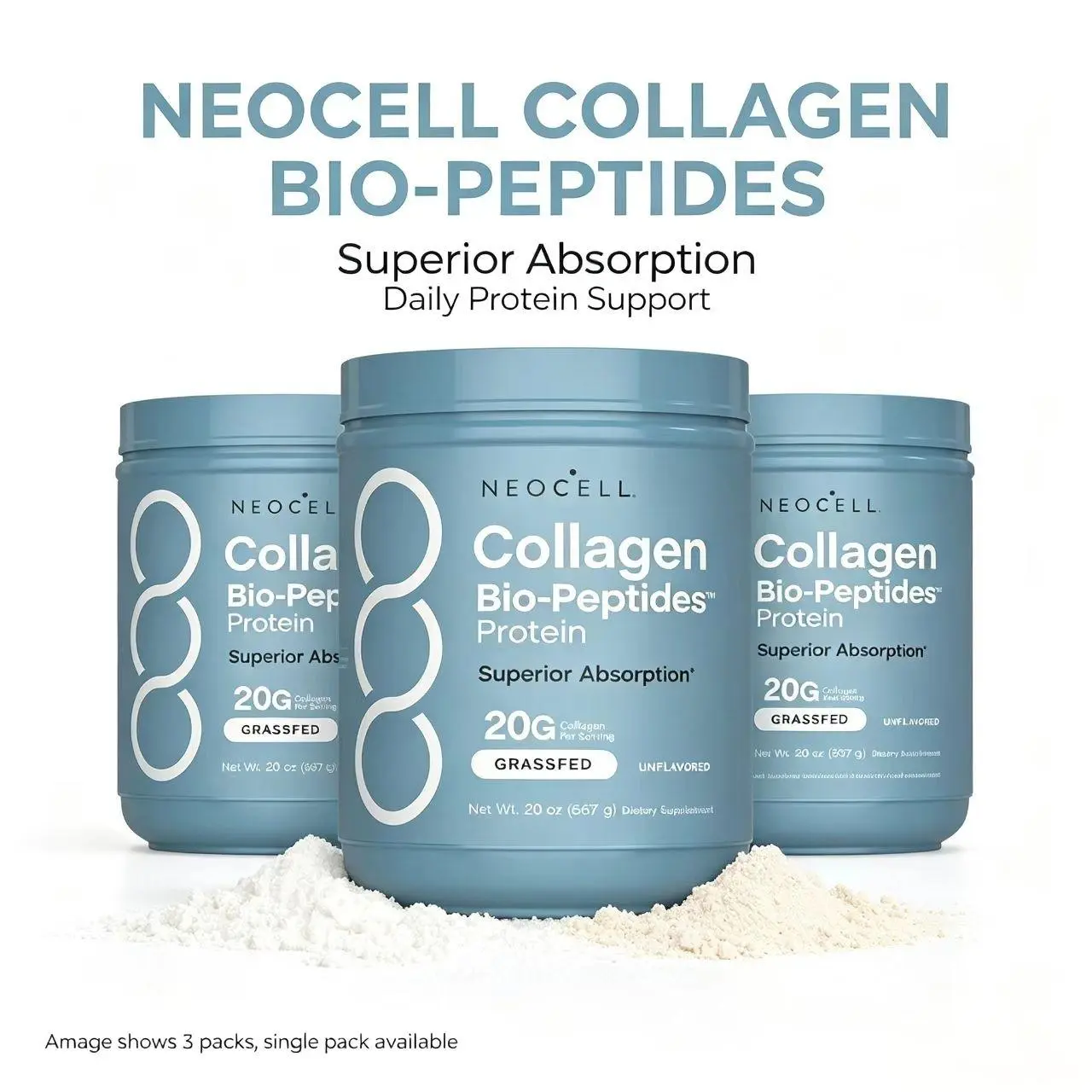 【3 pack】NeoCell Collagen Peptides Powder 20oz - Grassfed Protein Supplement - Advanced with 18 Essential Amino Acids