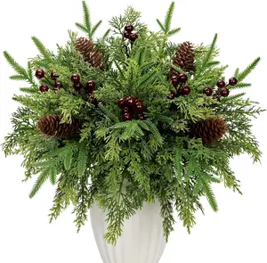 Set of 40 Artificial Pine Branches Red Holly Berries Pine Cones Sprays Fake Christmas Greenery Cedar Norfolk Pine Stems Real Touch Cypress Needles Picks for Garland Xmas Vase Fillers Decor (Green)