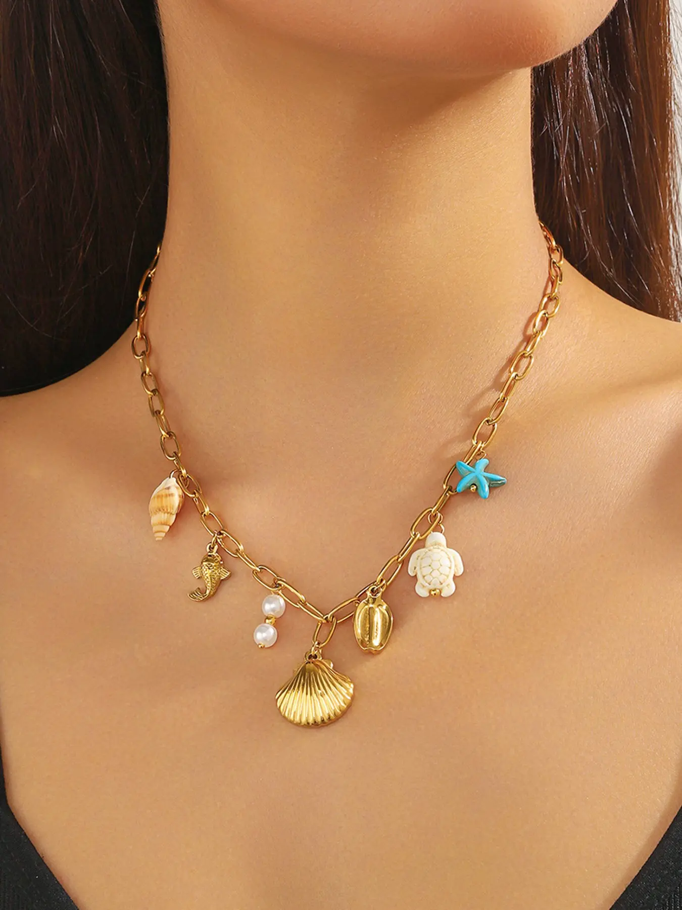1Pcs Stainless Steel Starfish Shell Pearl Necklace for Women Seaside Holiday Elegant Waterproof Neck Chain Jewelry Gift