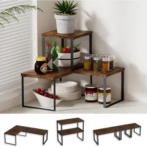 Countertop storage corner shelf, 2-tier adjustable and stackable corner shelf, suitable for kitchen, bathroom, spice rack, coffee area, cabinet, dressing table, corner stand, vintage brown