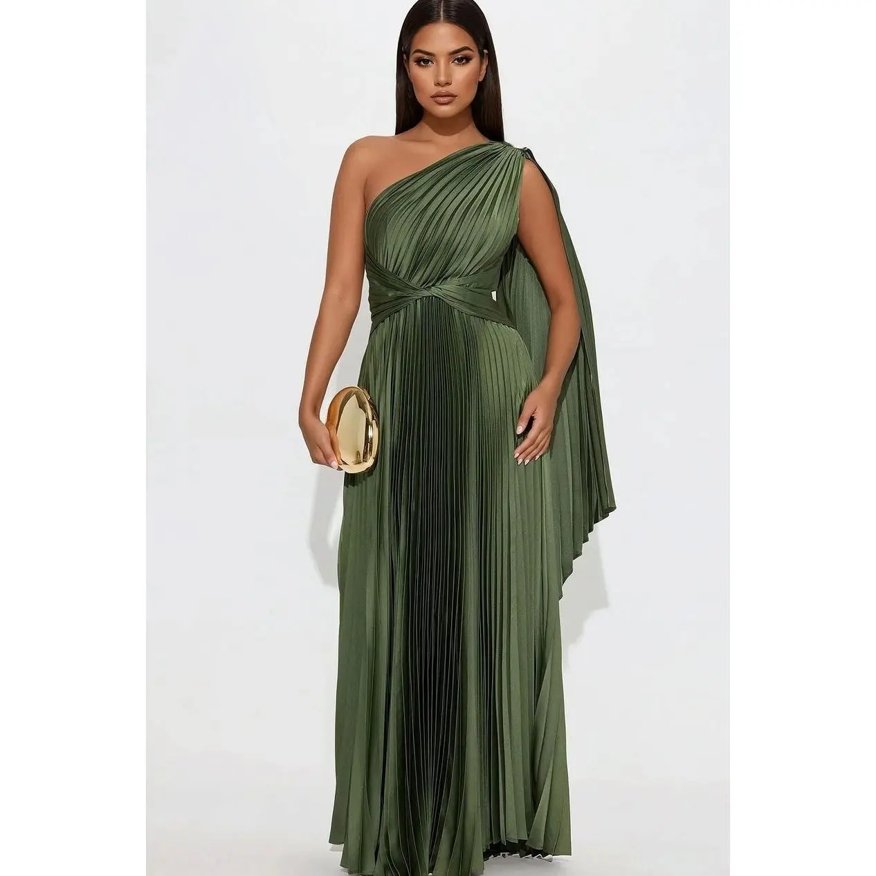 Women's Athena Sleeveless Twist Pleated Maxi Dress with Zipper - Olive, Polyester Shell Fabric