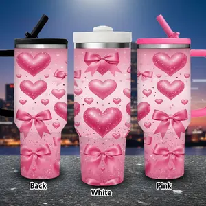 1 pc 40 oz glittery pink hearts and ribbons tumbler, sparkling Valentine’s Day cup with lid and straw, winter insulated travel mug, gift for women and men, ideal for Valentine’s Day, Easter, birthday gifts, iced/hot coffee cup