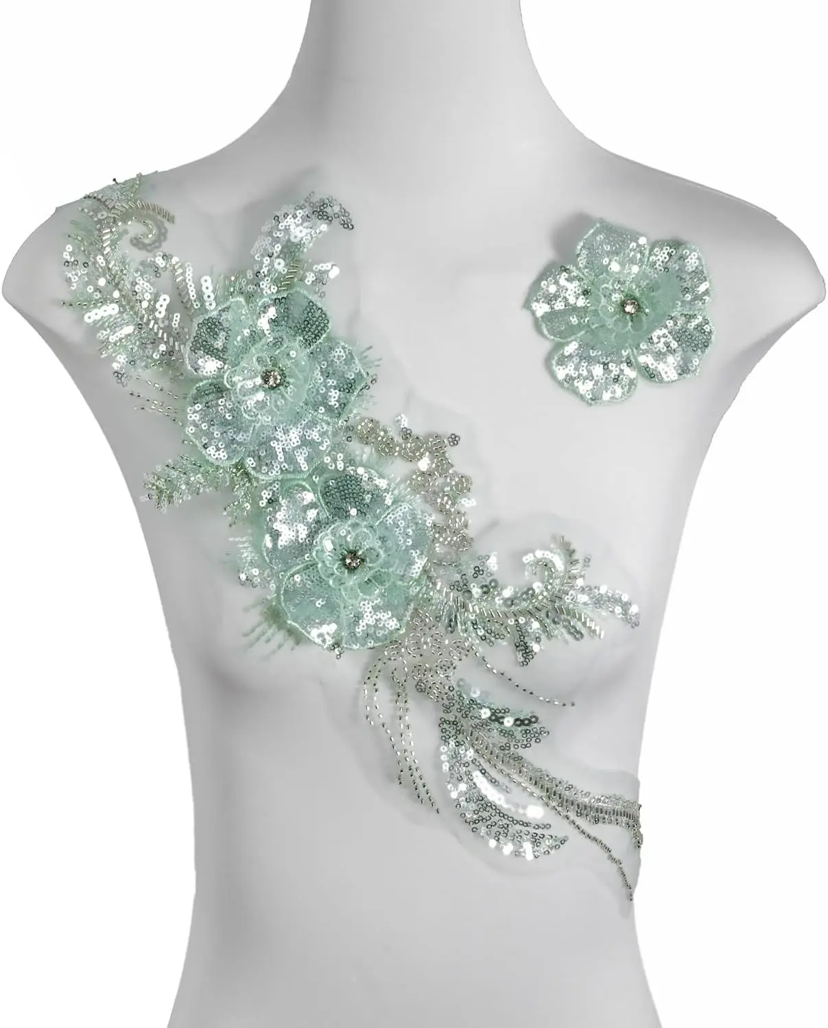 Sequin 3D Flowers Lace Applique DIY Sew on Beaded Fabric Embroidered Flower Patch for Wedding Dress Clothes Dance Costumes Green